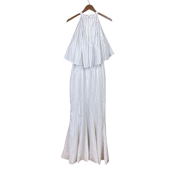 C/MEO Collective White Pinstripe Sleeveless Halter Side Slit Maxi Formal Dress - Picture 8 of 11